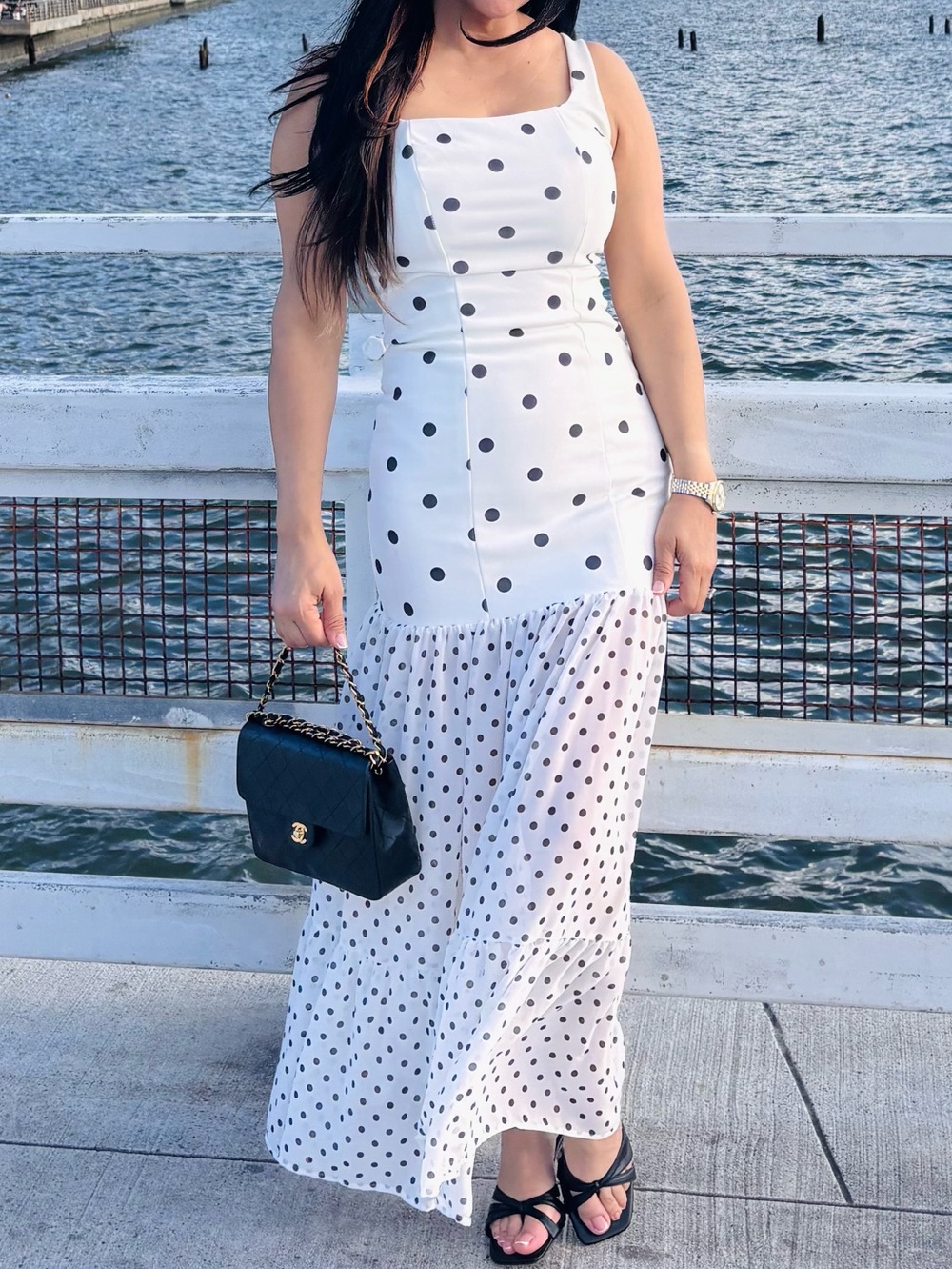 White Polka Dot Maxi Dress with Ruffle Hem